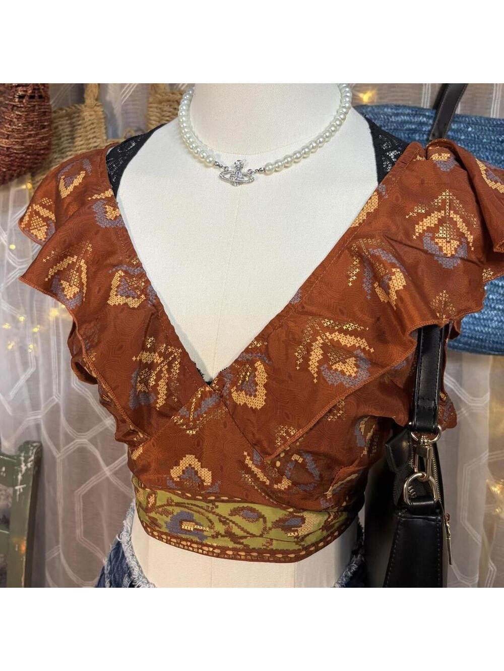India Boutique Wrap Crop Top Boho Festival Fairycore Belly Dance Tie Back Top